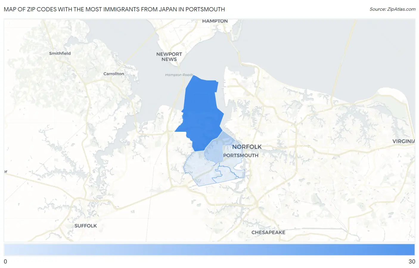 Zip Codes with the Most Immigrants from Japan in Portsmouth Map