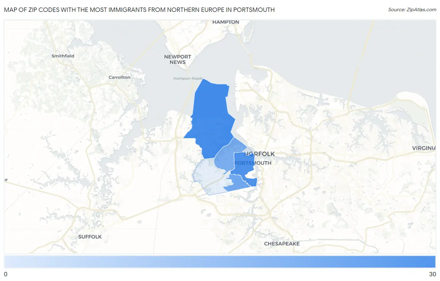 Zip Codes with the Most Immigrants from Northern Europe in Portsmouth Map