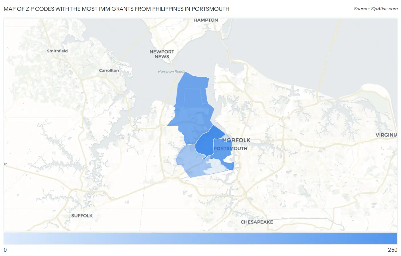 Zip Codes with the Most Immigrants from Philippines in Portsmouth Map