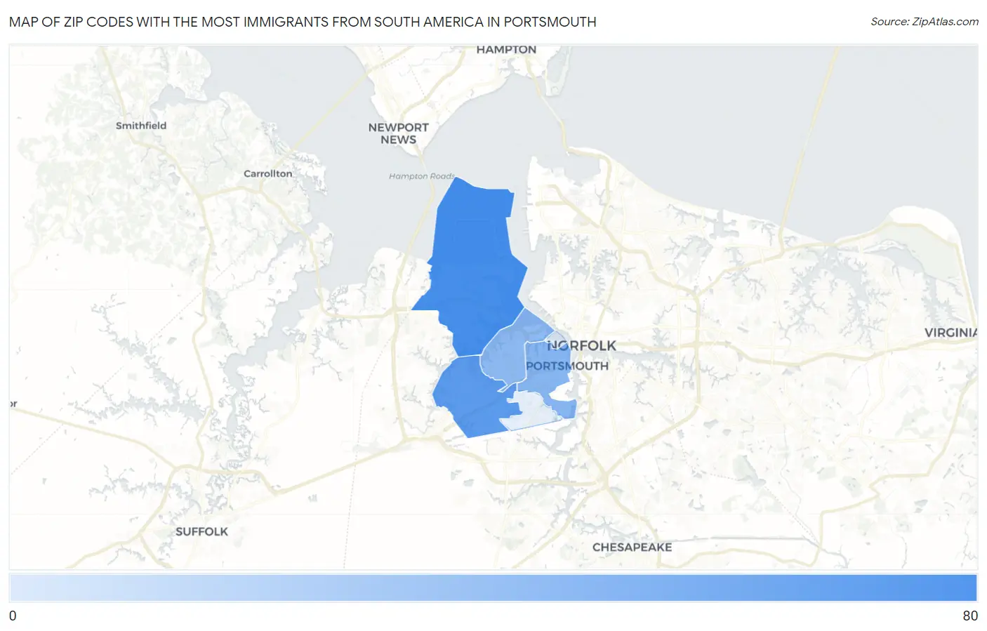 Zip Codes with the Most Immigrants from South America in Portsmouth Map