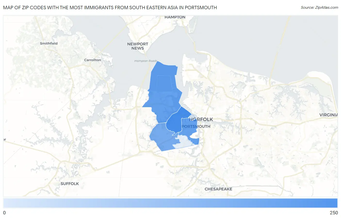 Zip Codes with the Most Immigrants from South Eastern Asia in Portsmouth Map