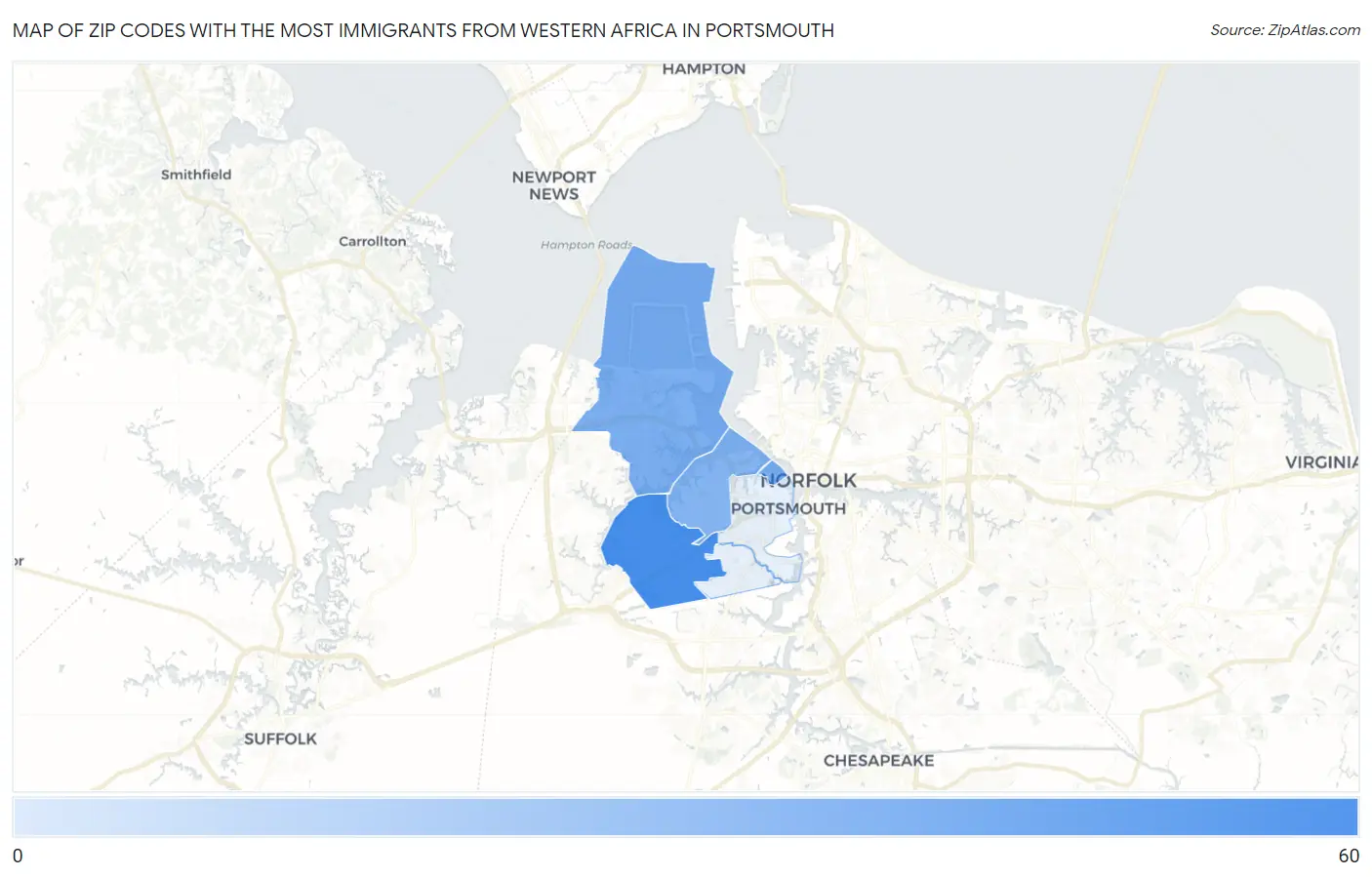 Zip Codes with the Most Immigrants from Western Africa in Portsmouth Map