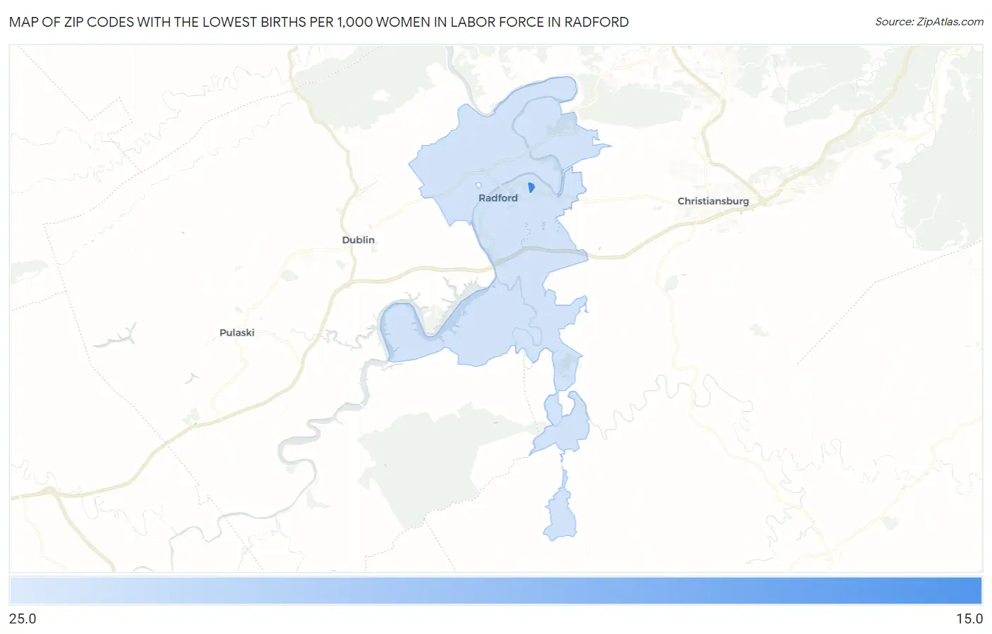 Zip Codes with the Lowest Births per 1,000 Women in Labor Force in Radford Map