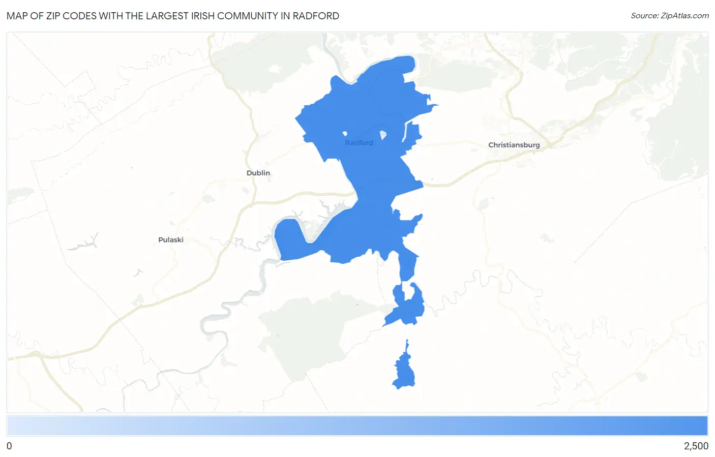 Zip Codes with the Largest Irish Community in Radford Map