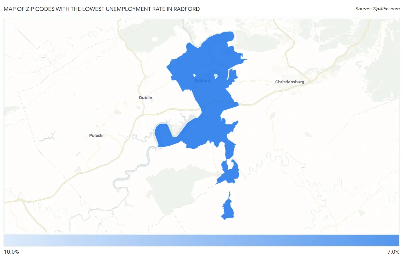 Zip Codes with the Lowest Unemployment Rate in Radford Map