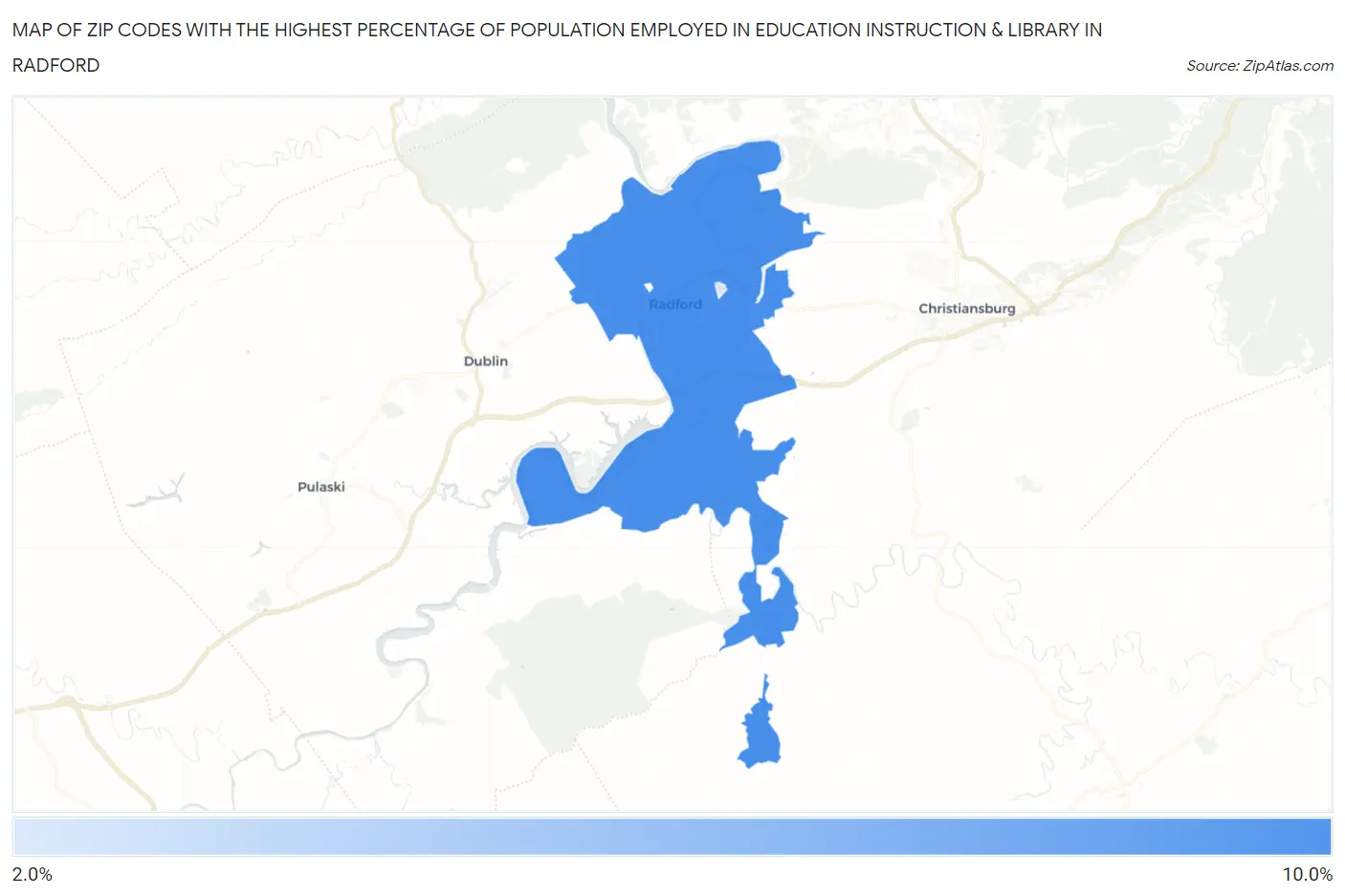 Zip Codes with the Highest Percentage of Population Employed in Education Instruction & Library in Radford Map