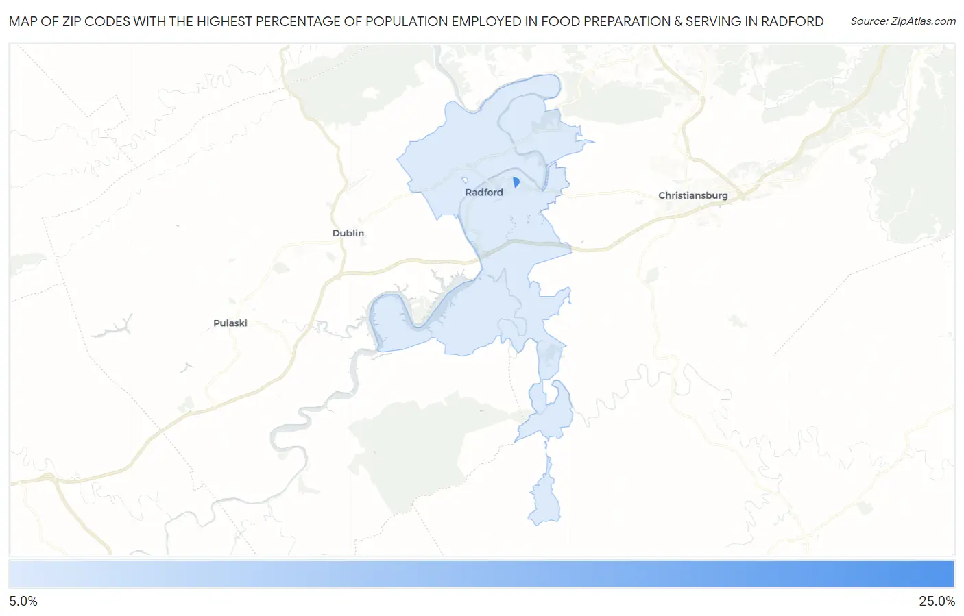Zip Codes with the Highest Percentage of Population Employed in Food Preparation & Serving in Radford Map