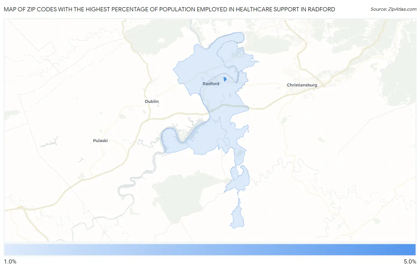 Zip Codes with the Highest Percentage of Population Employed in Healthcare Support in Radford Map