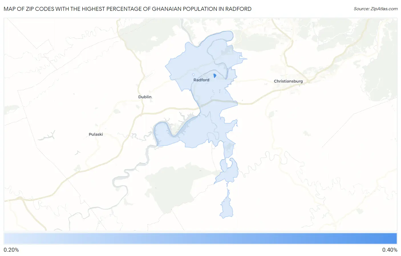 Zip Codes with the Highest Percentage of Ghanaian Population in Radford Map