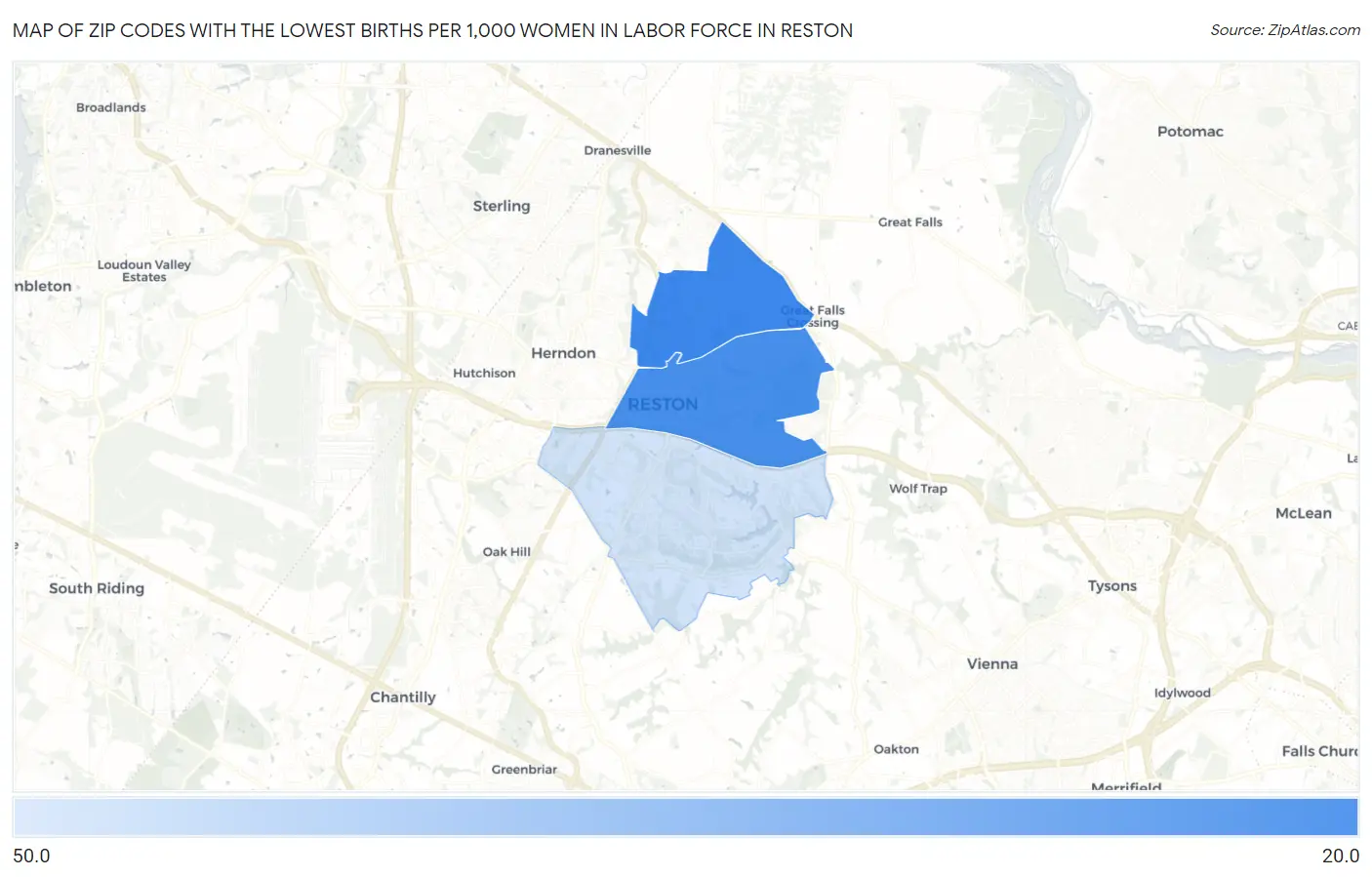 Zip Codes with the Lowest Births per 1,000 Women in Labor Force in Reston Map