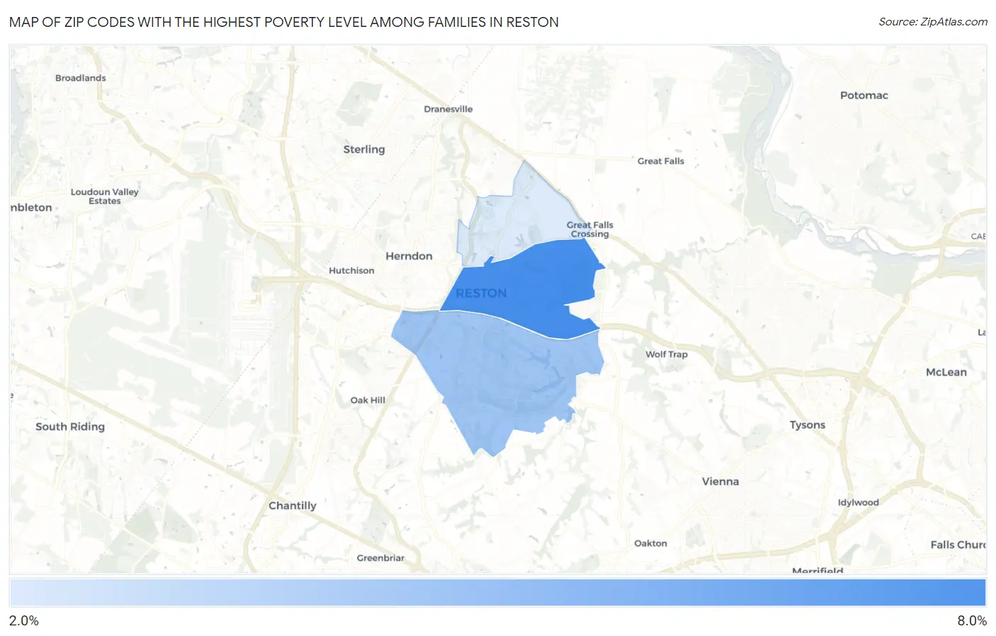 Zip Codes with the Highest Poverty Level Among Families in Reston Map