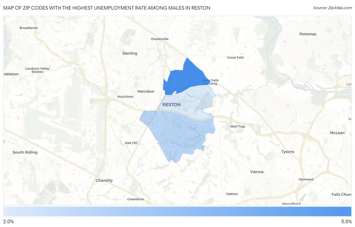 Zip Codes with the Highest Unemployment Rate Among Males in Reston Map
