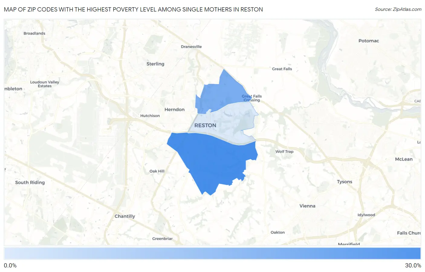 Zip Codes with the Highest Poverty Level Among Single Mothers in Reston Map