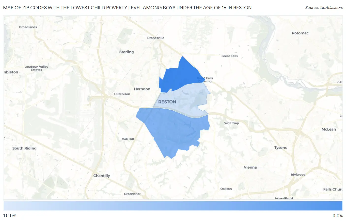 Zip Codes with the Lowest Child Poverty Level Among Boys Under the Age of 16 in Reston Map