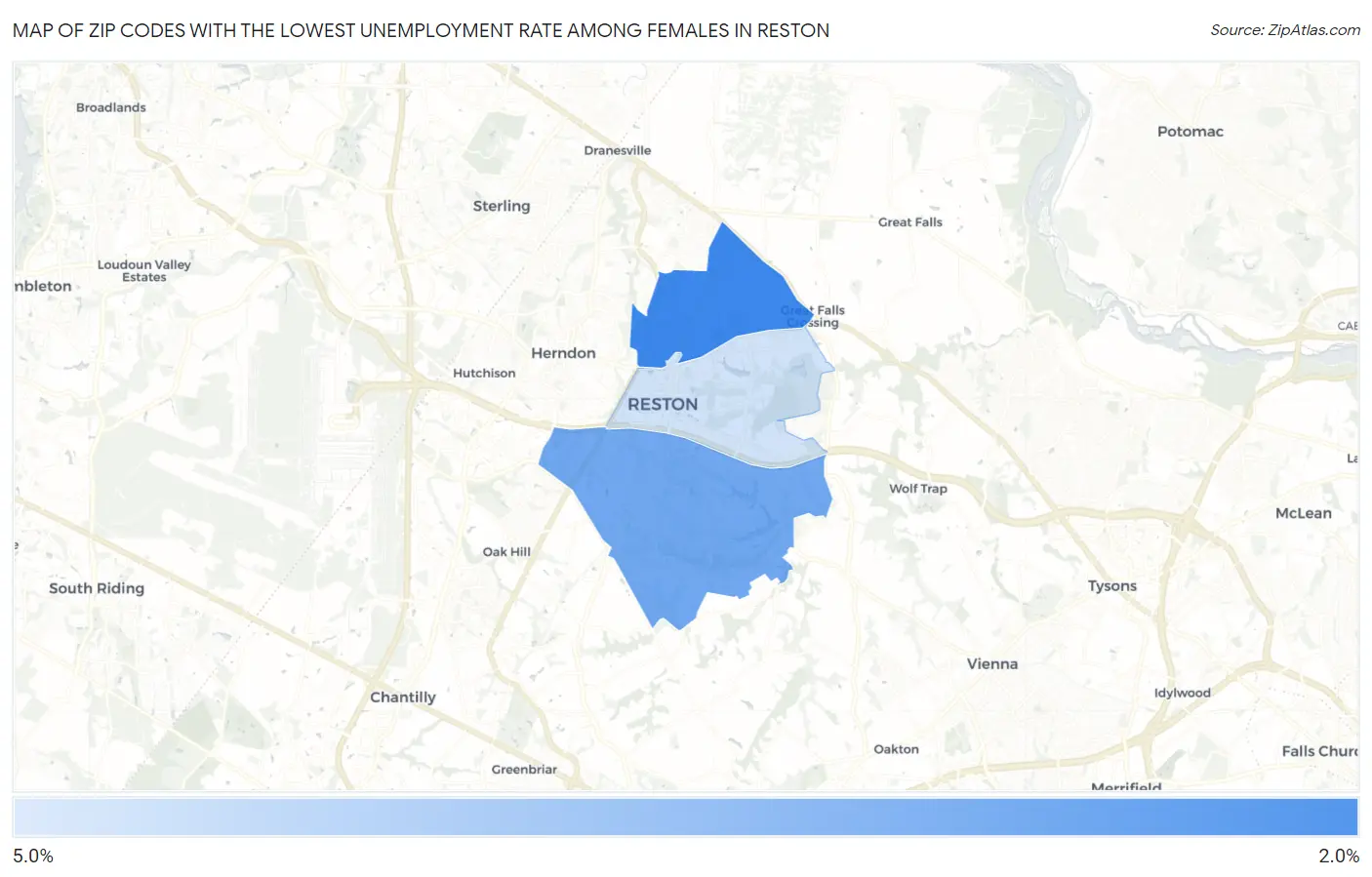 Zip Codes with the Lowest Unemployment Rate Among Females in Reston Map