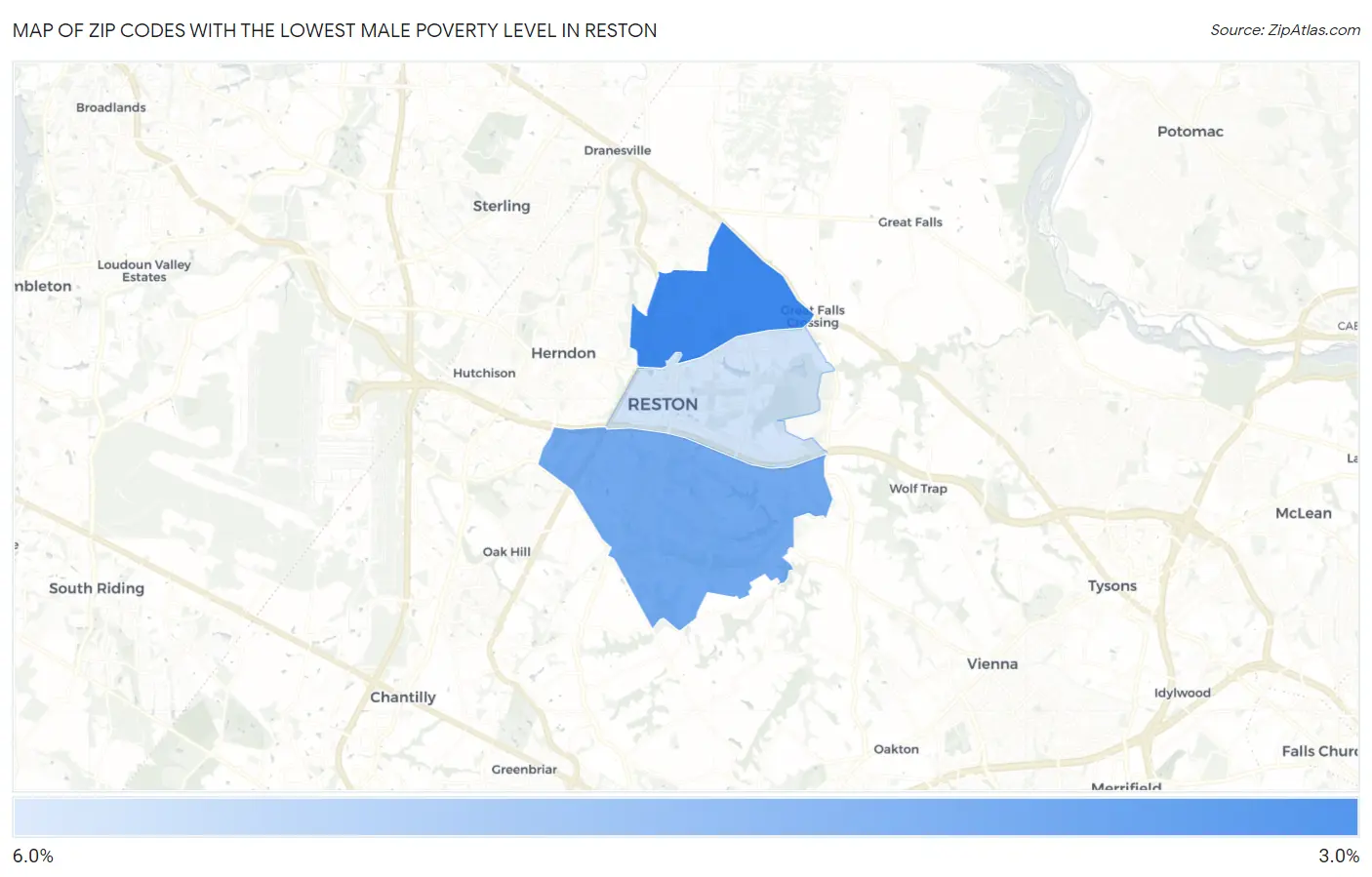 Zip Codes with the Lowest Male Poverty Level in Reston Map