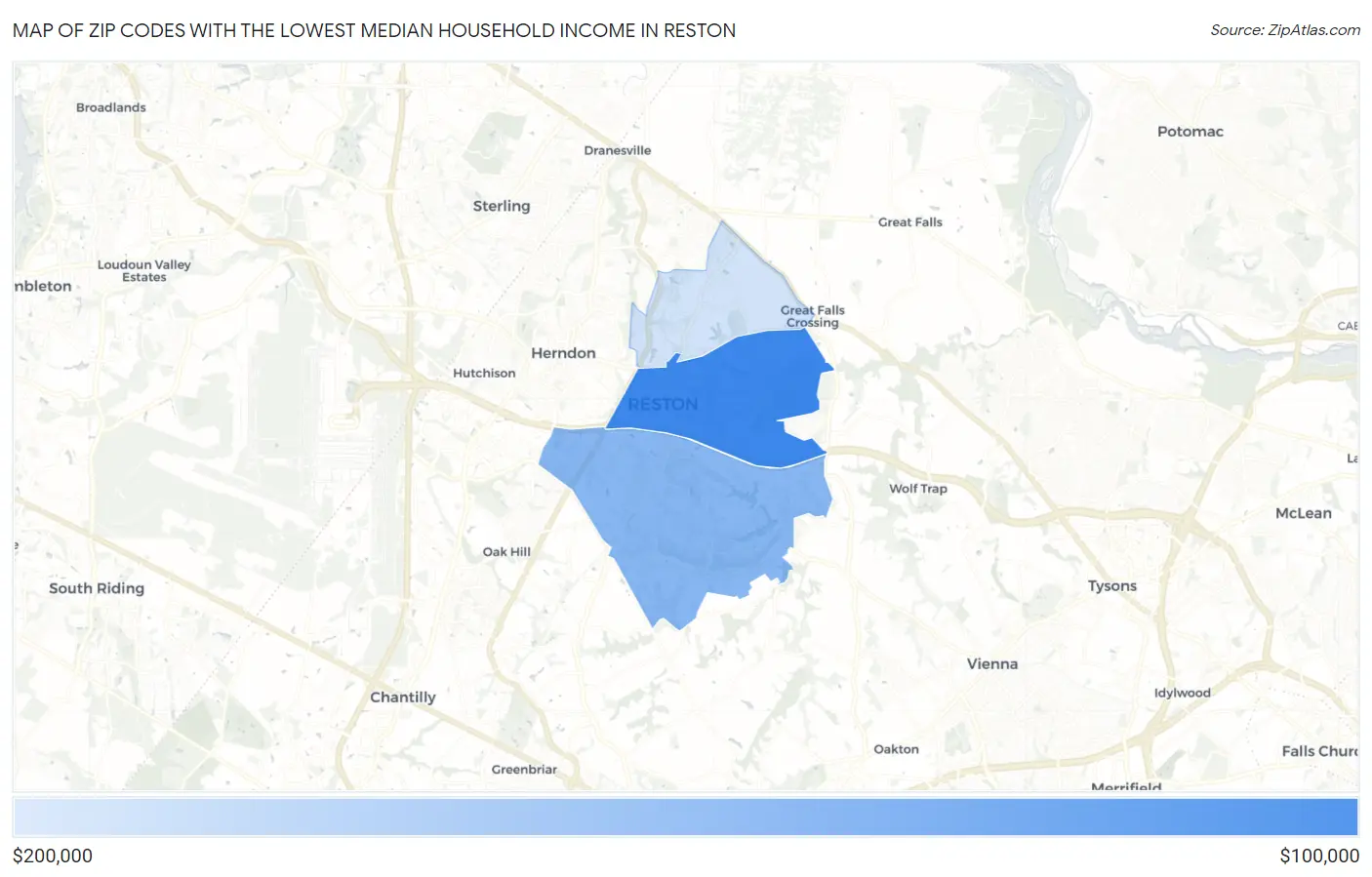 Zip Codes with the Lowest Median Household Income in Reston Map