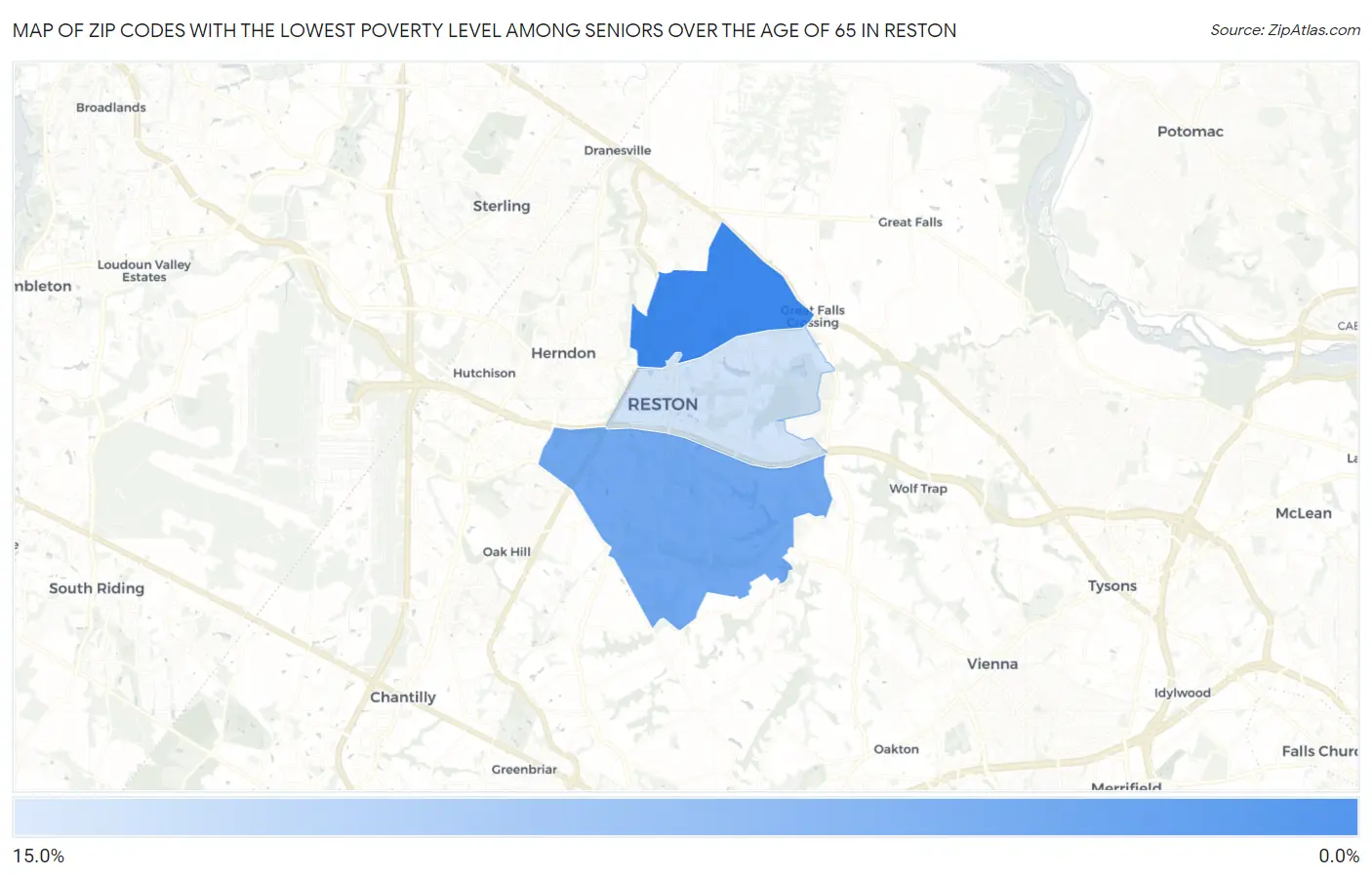 Zip Codes with the Lowest Poverty Level Among Seniors Over the Age of 65 in Reston Map