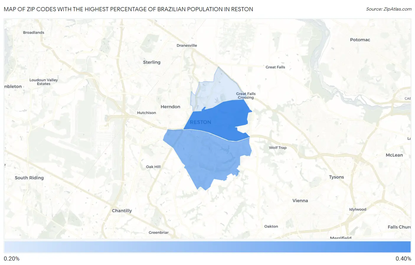 Zip Codes with the Highest Percentage of Brazilian Population in Reston Map