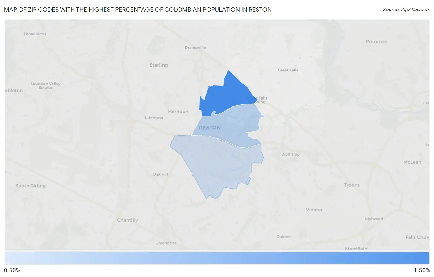 Zip Codes with the Highest Percentage of Colombian Population in Reston Map