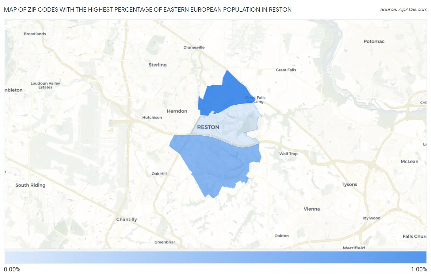 Zip Codes with the Highest Percentage of Eastern European Population in Reston Map