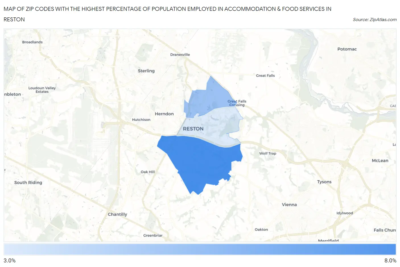 Zip Codes with the Highest Percentage of Population Employed in Accommodation & Food Services in Reston Map
