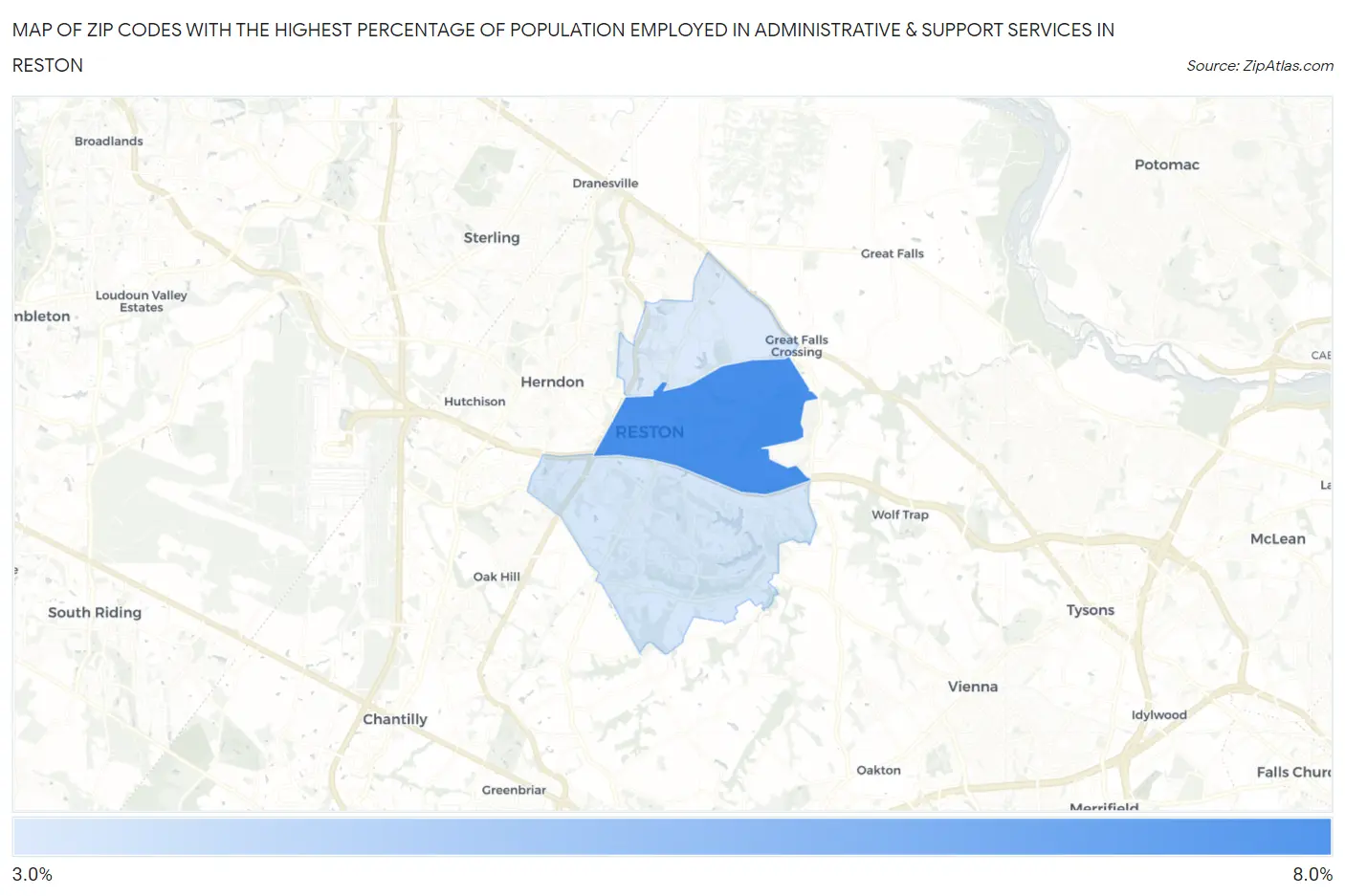 Zip Codes with the Highest Percentage of Population Employed in Administrative & Support Services in Reston Map