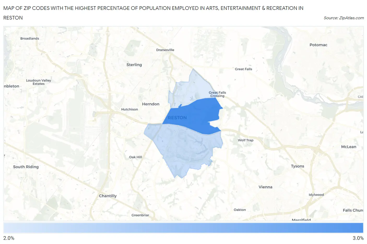 Zip Codes with the Highest Percentage of Population Employed in Arts, Entertainment & Recreation in Reston Map