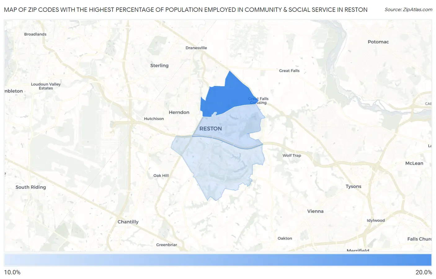 Zip Codes with the Highest Percentage of Population Employed in Community & Social Service  in Reston Map