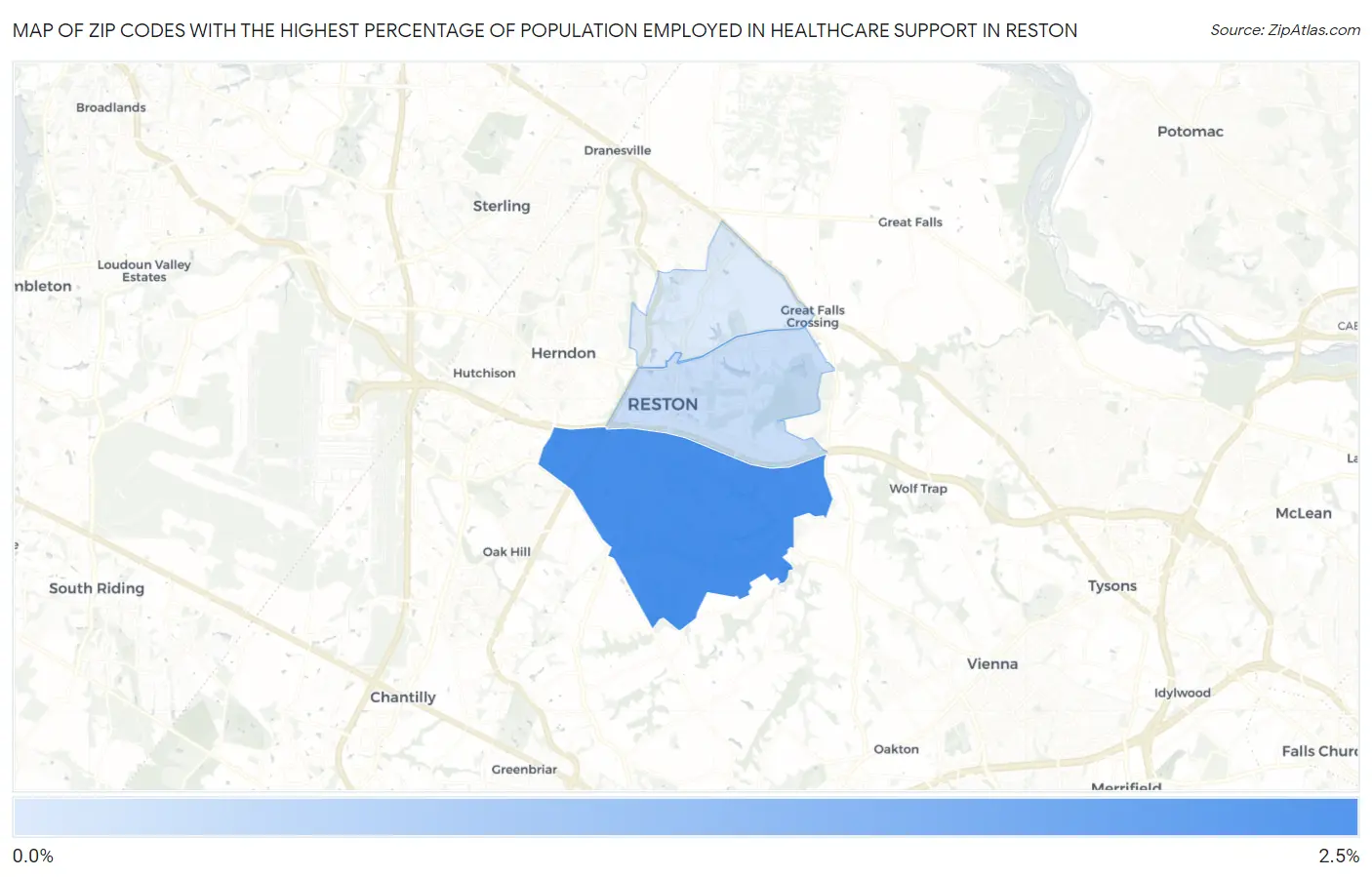 Zip Codes with the Highest Percentage of Population Employed in Healthcare Support in Reston Map