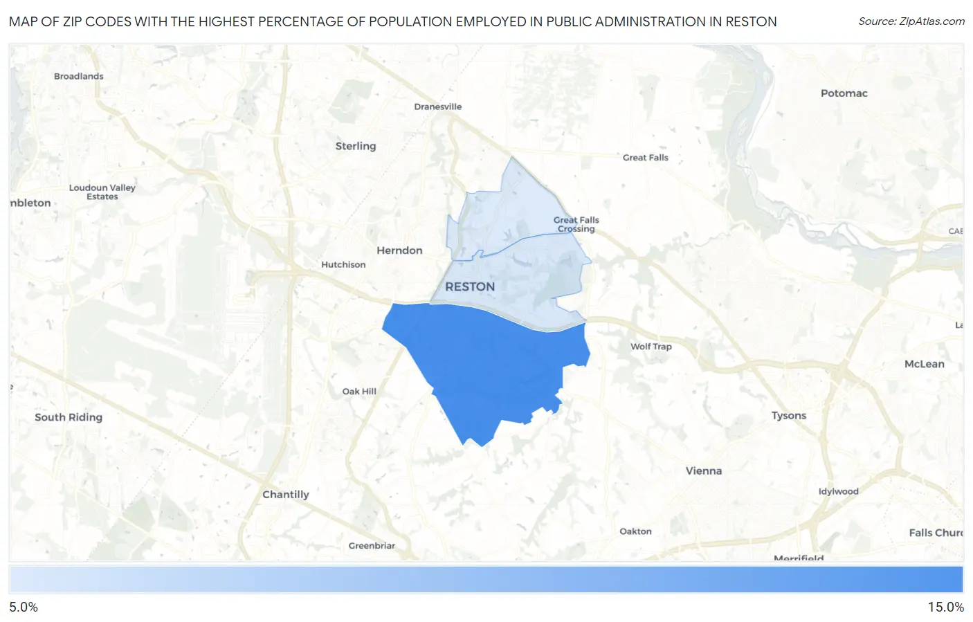 Zip Codes with the Highest Percentage of Population Employed in Public Administration in Reston Map