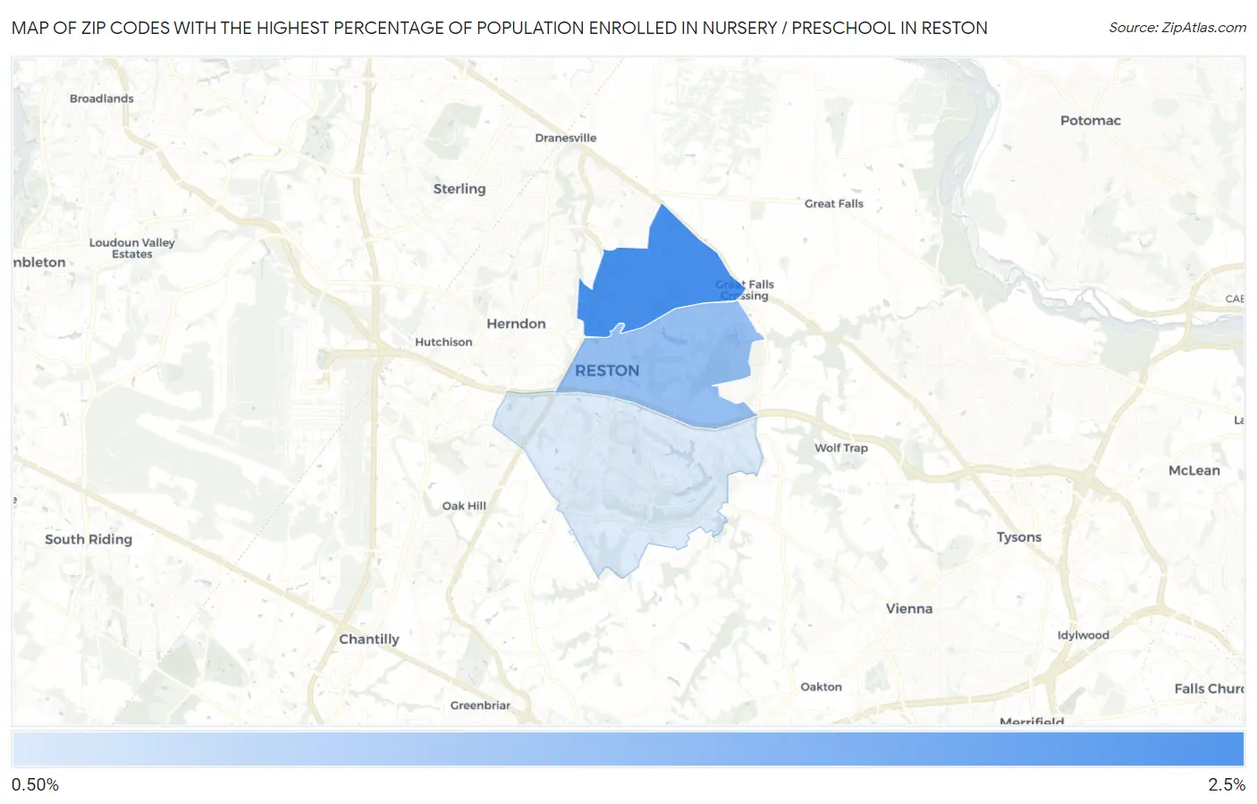 Zip Codes with the Highest Percentage of Population Enrolled in Nursery / Preschool in Reston Map