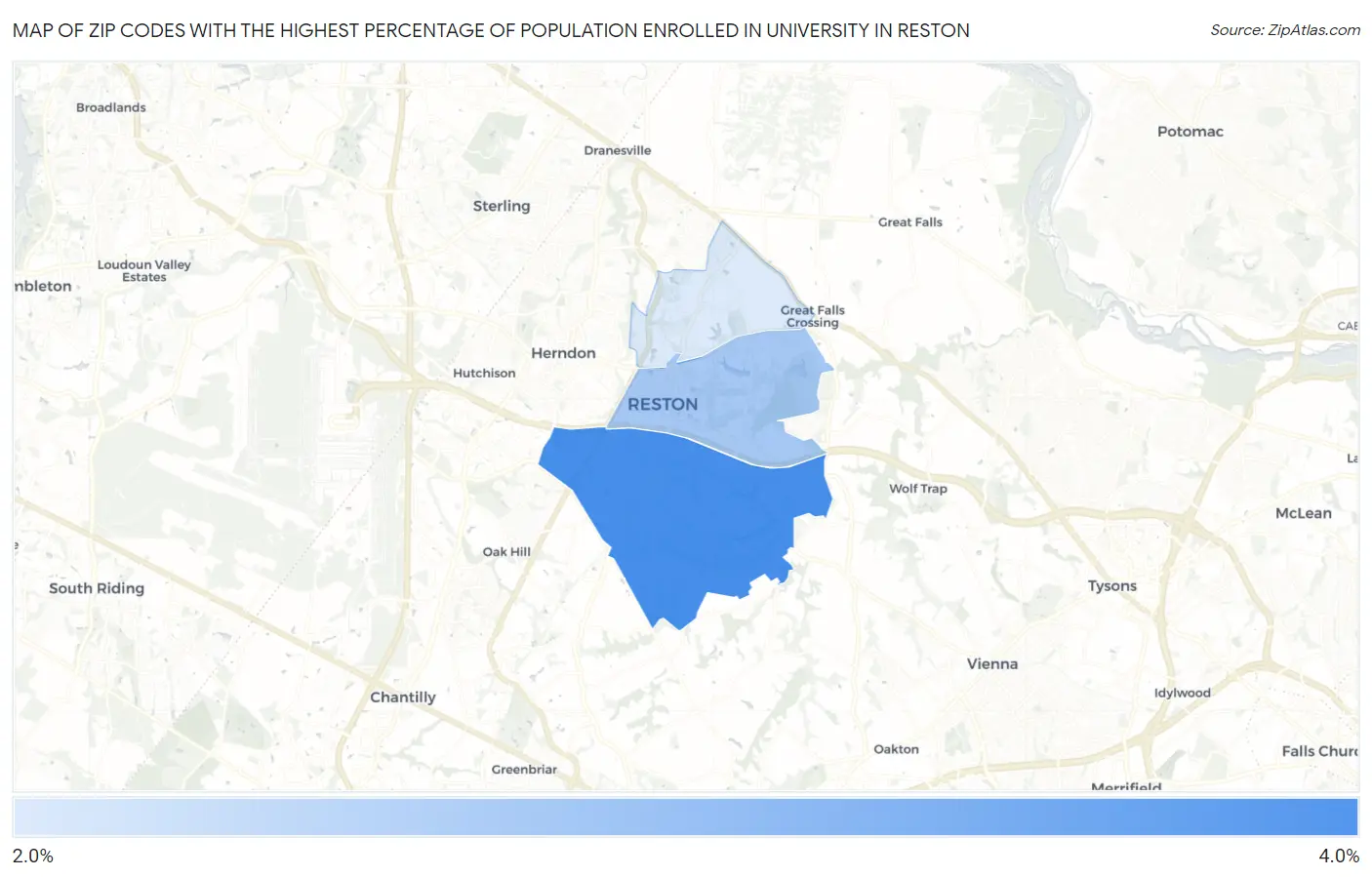 Zip Codes with the Highest Percentage of Population Enrolled in University in Reston Map