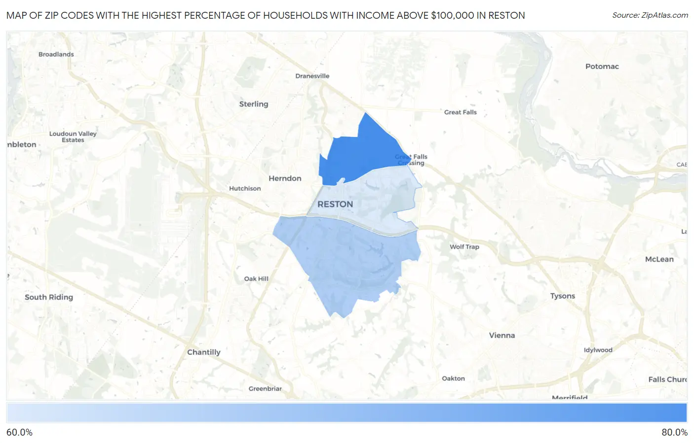 Zip Codes with the Highest Percentage of Households with Income Above $100,000 in Reston Map