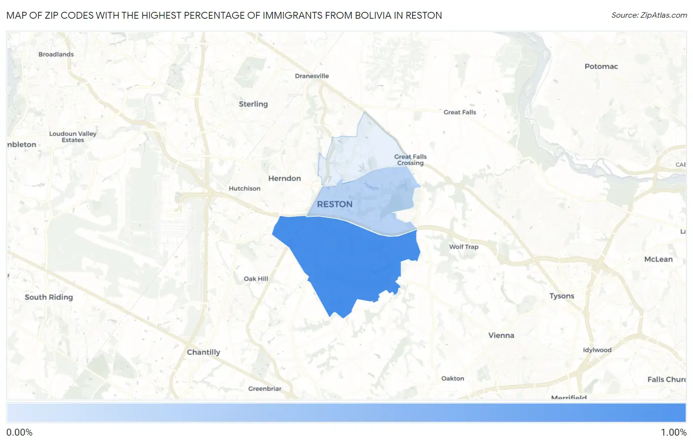 Zip Codes with the Highest Percentage of Immigrants from Bolivia in Reston Map