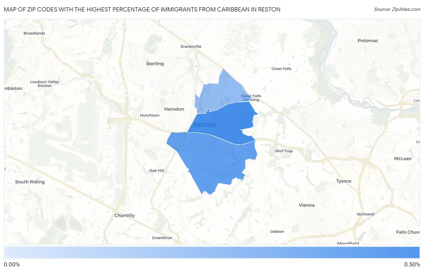 Zip Codes with the Highest Percentage of Immigrants from Caribbean in Reston Map