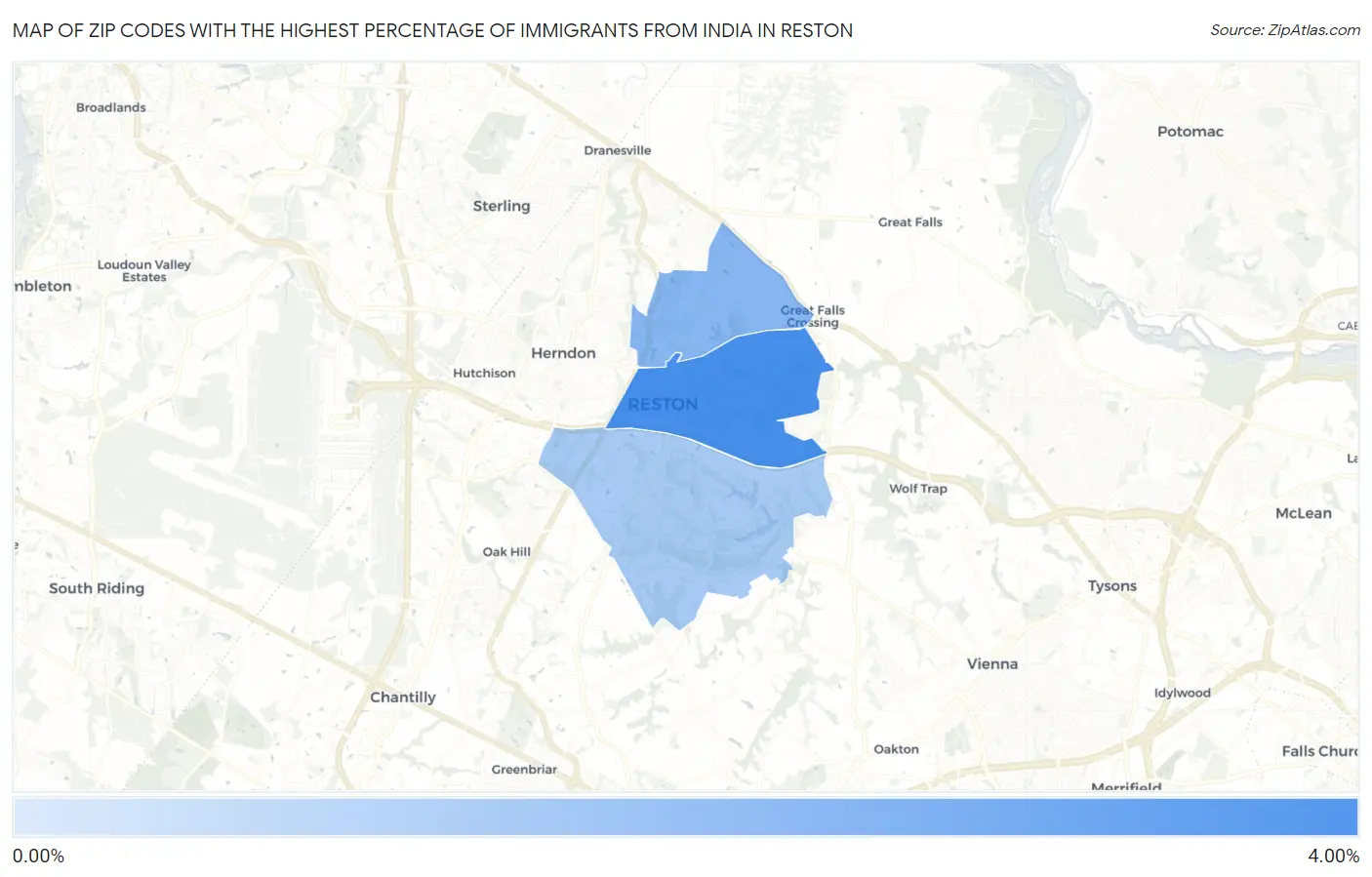 Zip Codes with the Highest Percentage of Immigrants from India in Reston Map