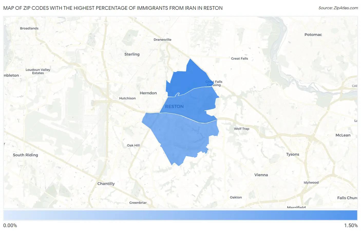 Zip Codes with the Highest Percentage of Immigrants from Iran in Reston Map