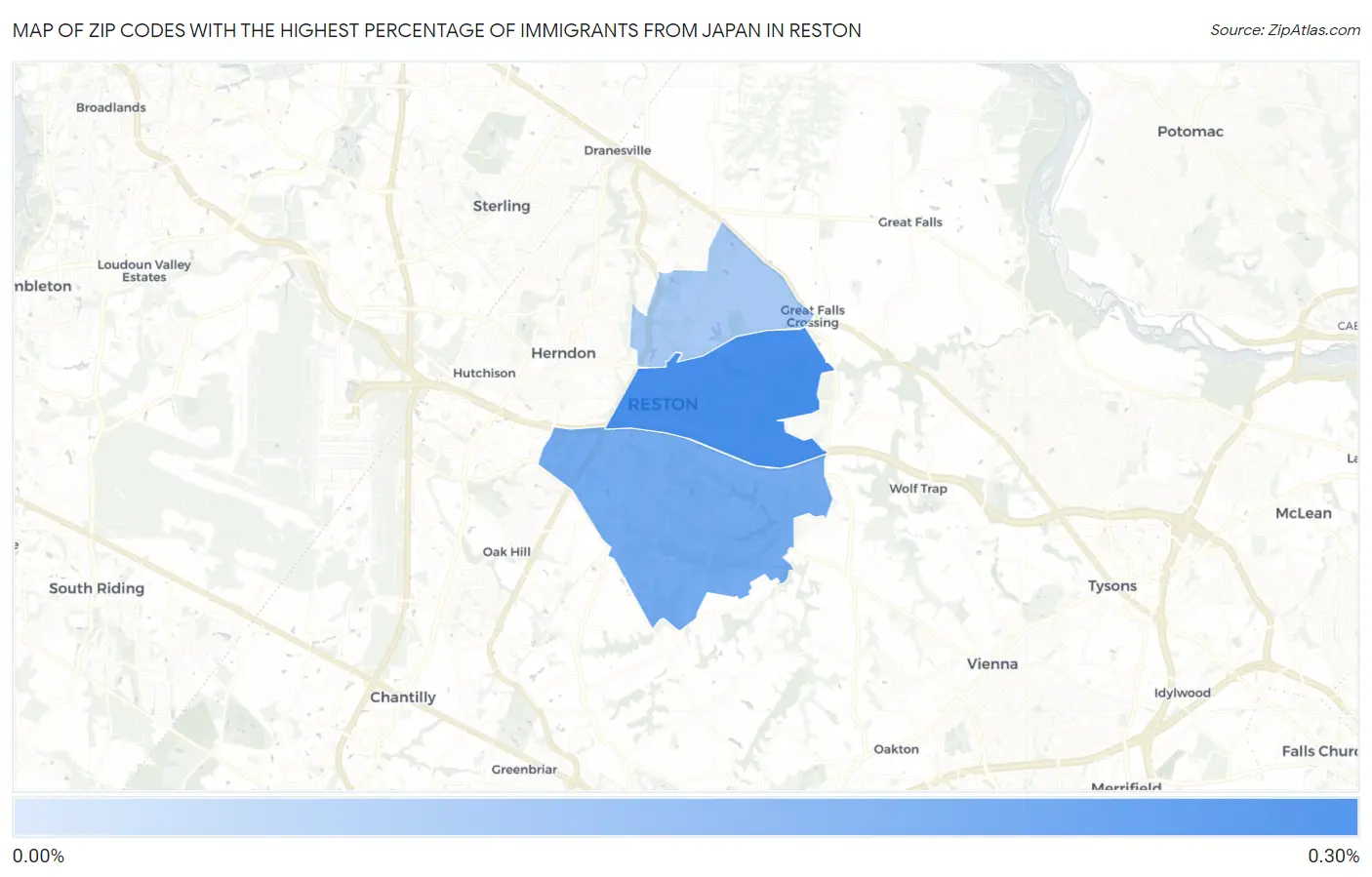 Zip Codes with the Highest Percentage of Immigrants from Japan in Reston Map