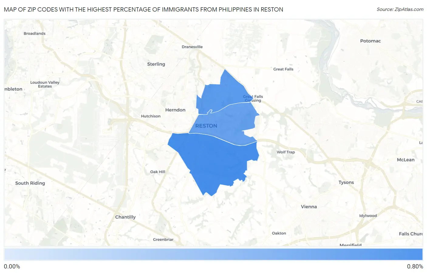 Zip Codes with the Highest Percentage of Immigrants from Philippines in Reston Map