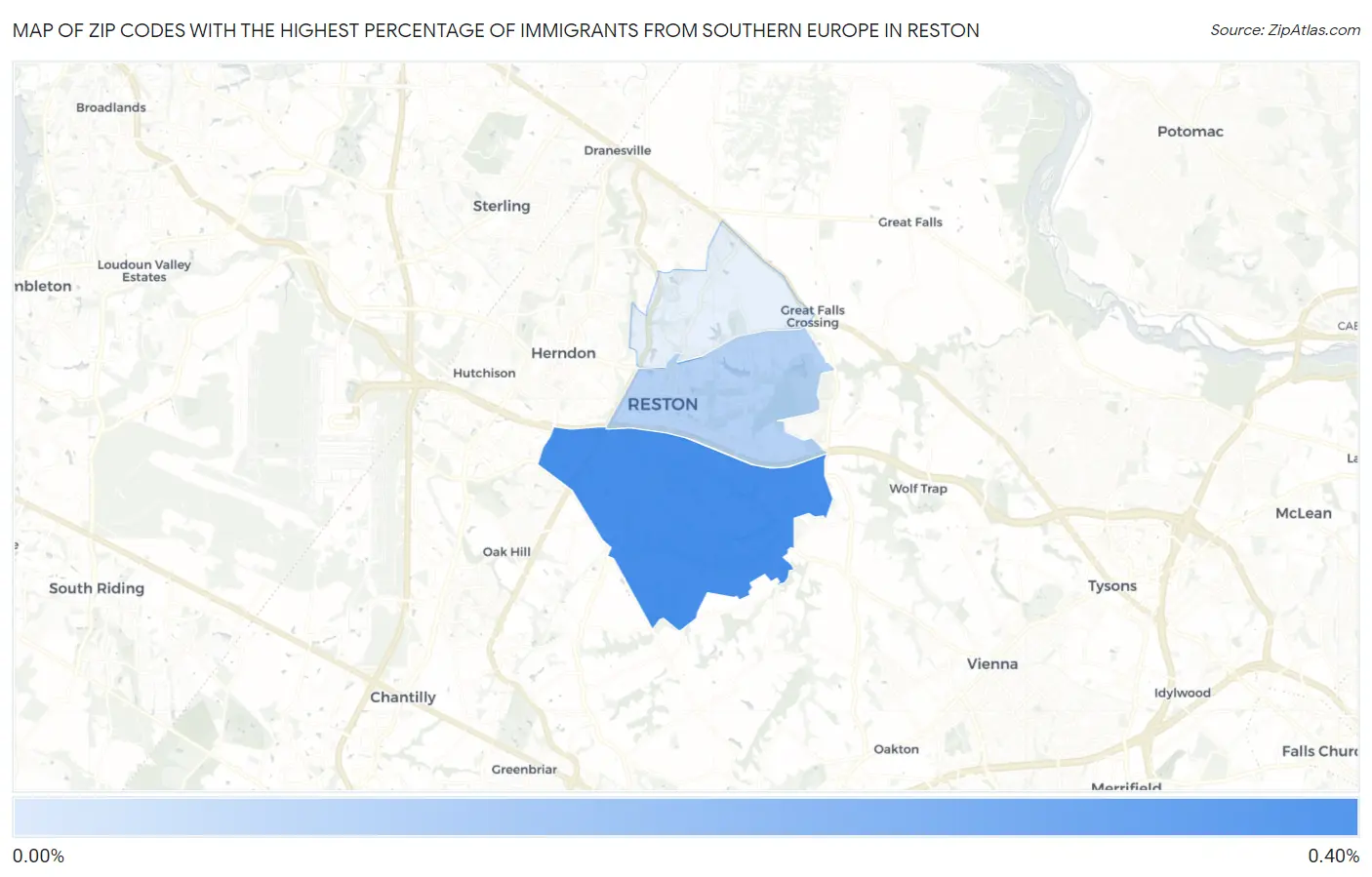 Zip Codes with the Highest Percentage of Immigrants from Southern Europe in Reston Map