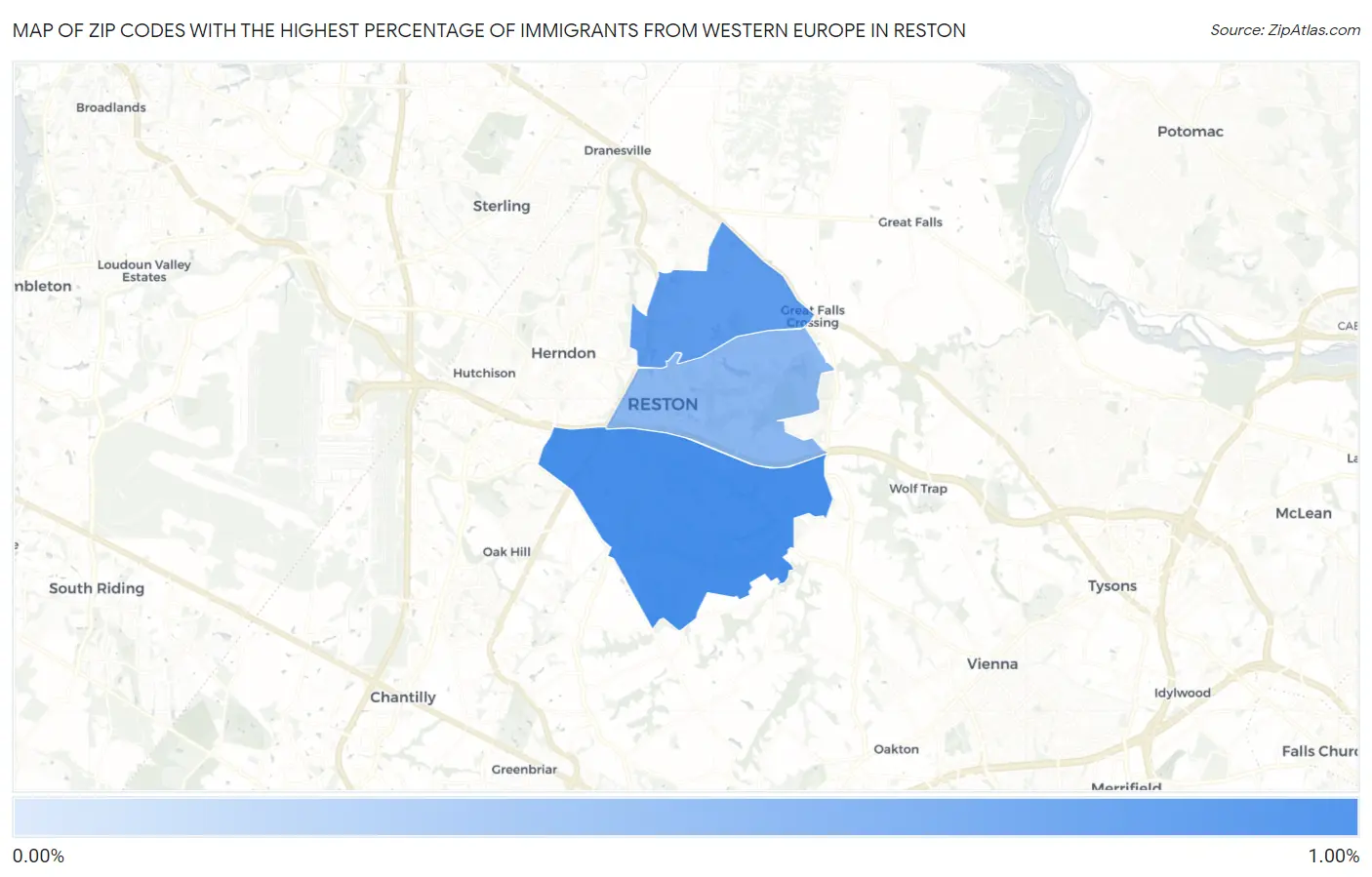 Zip Codes with the Highest Percentage of Immigrants from Western Europe in Reston Map