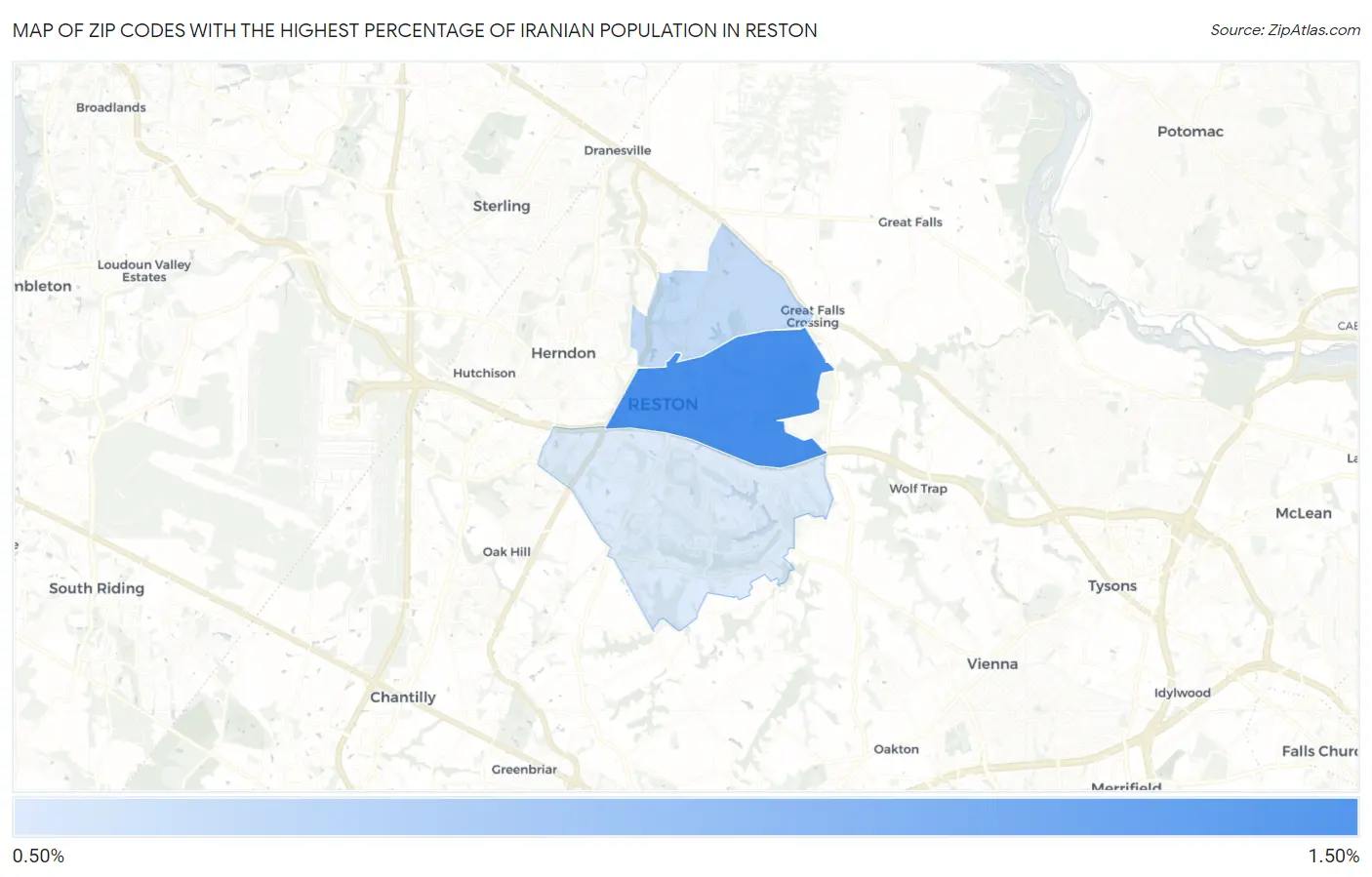 Zip Codes with the Highest Percentage of Iranian Population in Reston Map