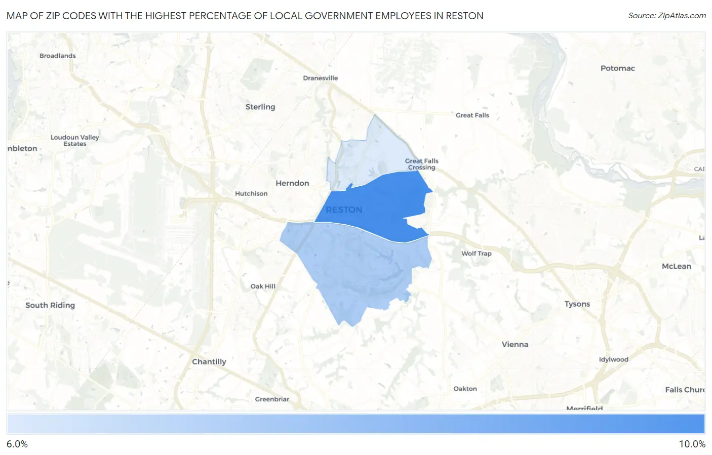 Zip Codes with the Highest Percentage of Local Government Employees in Reston Map