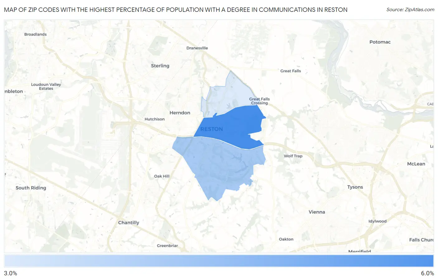 Zip Codes with the Highest Percentage of Population with a Degree in Communications in Reston Map