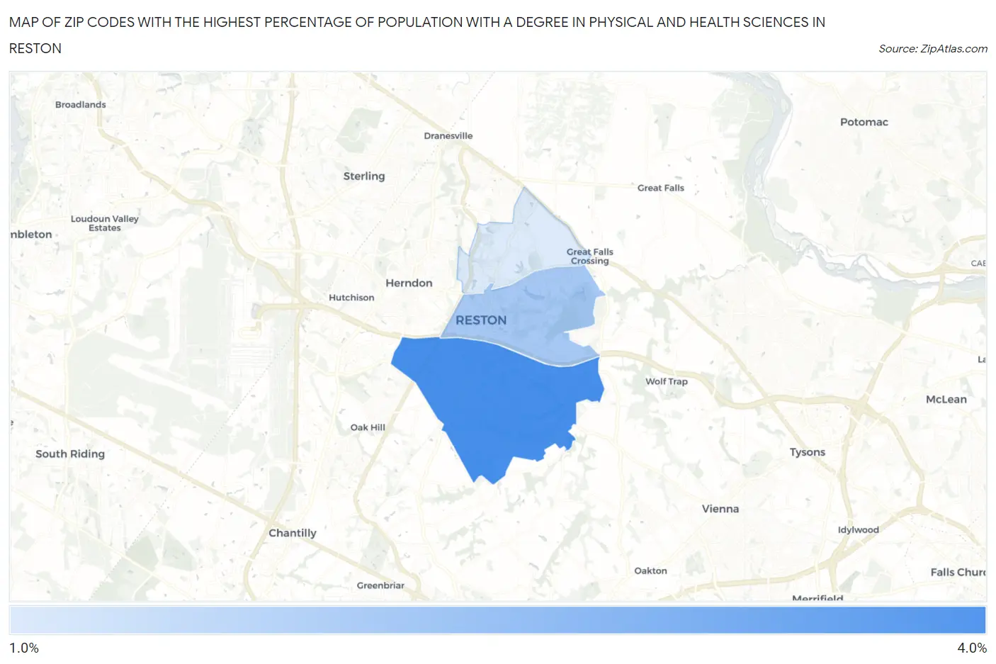 Zip Codes with the Highest Percentage of Population with a Degree in Physical and Health Sciences in Reston Map