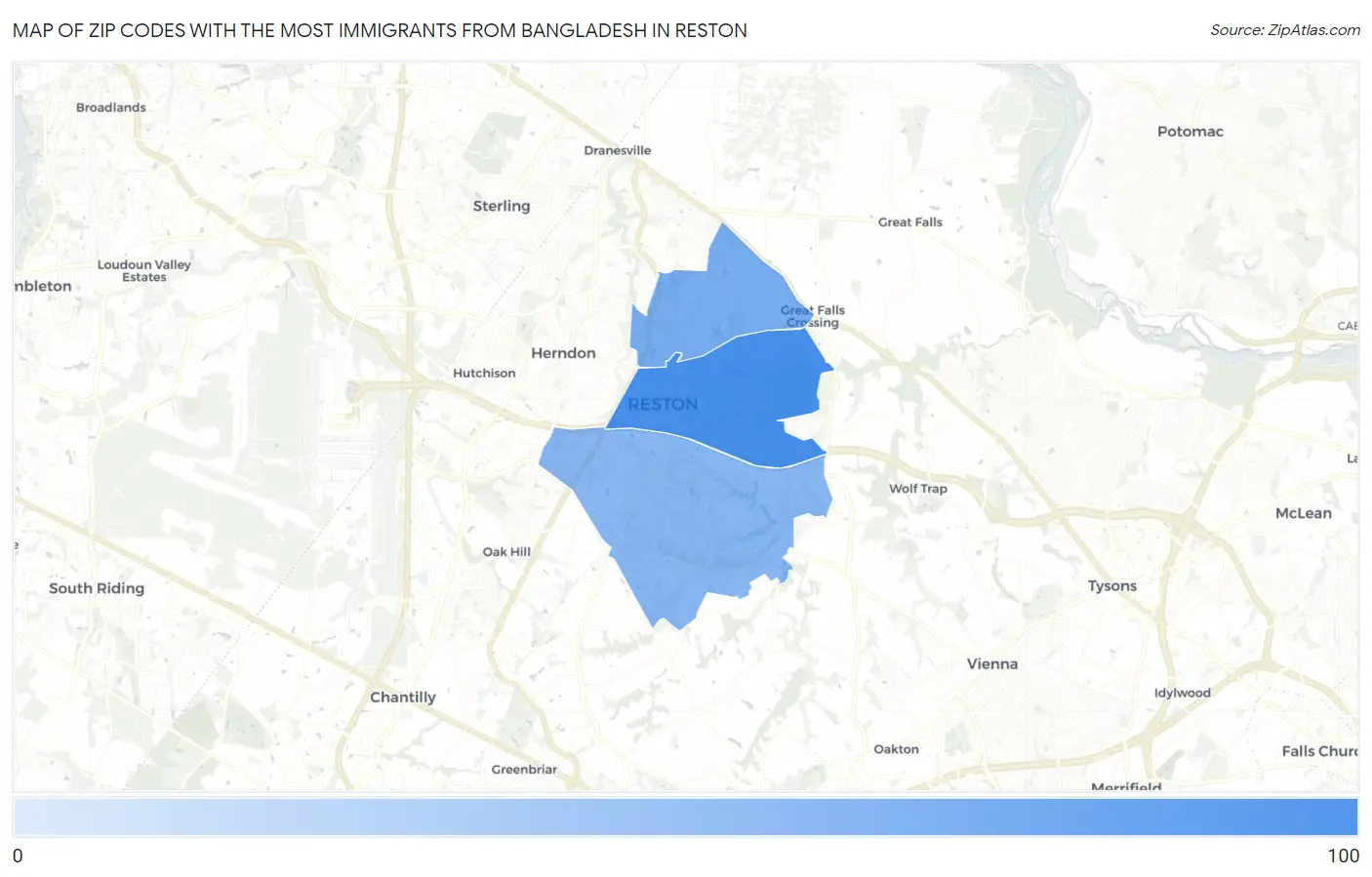 Zip Codes with the Most Immigrants from Bangladesh in Reston Map