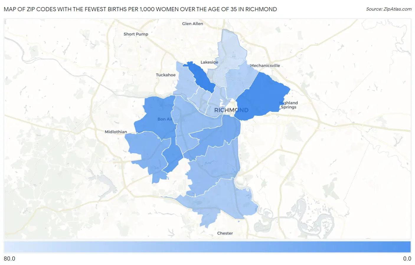 Zip Codes with the Fewest Births per 1,000 Women Over the Age of 35 in Richmond Map