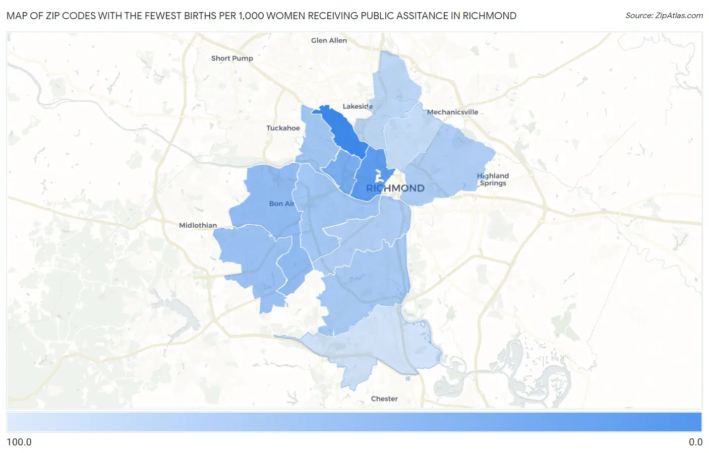 Zip Codes with the Fewest Births per 1,000 Women Receiving Public Assitance in Richmond Map