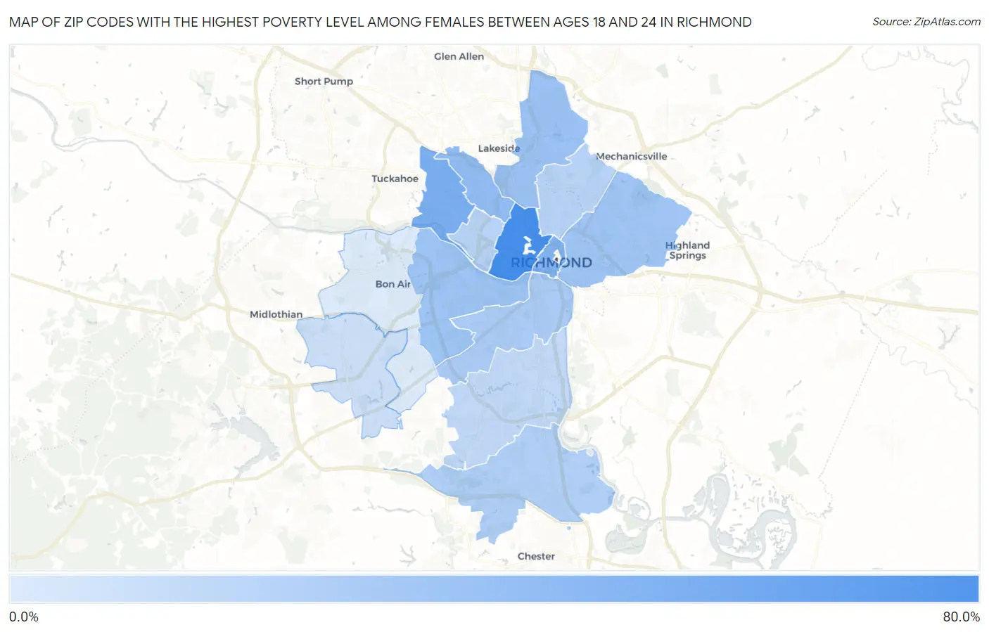 Zip Codes with the Highest Poverty Level Among Females Between Ages 18 and 24 in Richmond Map